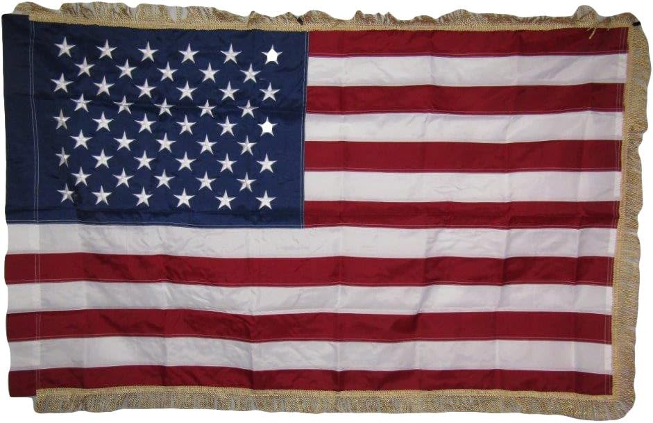 AES 3x5 Embroidered Sewn USA American Gold Fringe Sleeve 210D Nylon Flag 3'x5' Nylon Fade Resistant Double Stitched Premium Penant House Banner Grommets