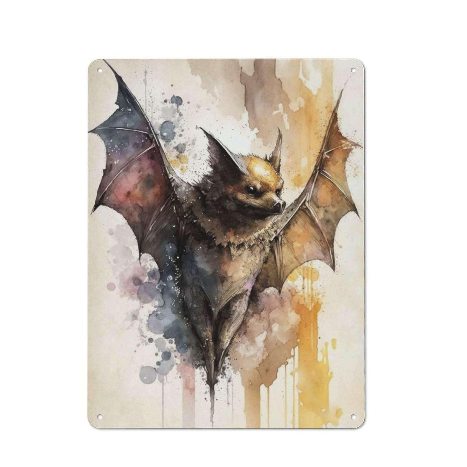 Elegant Bat in Watercolor Vintage Metal Wall Decor 40x30cm, Garage Metal Sign for Workshop, Basement, Shed Or Games Room