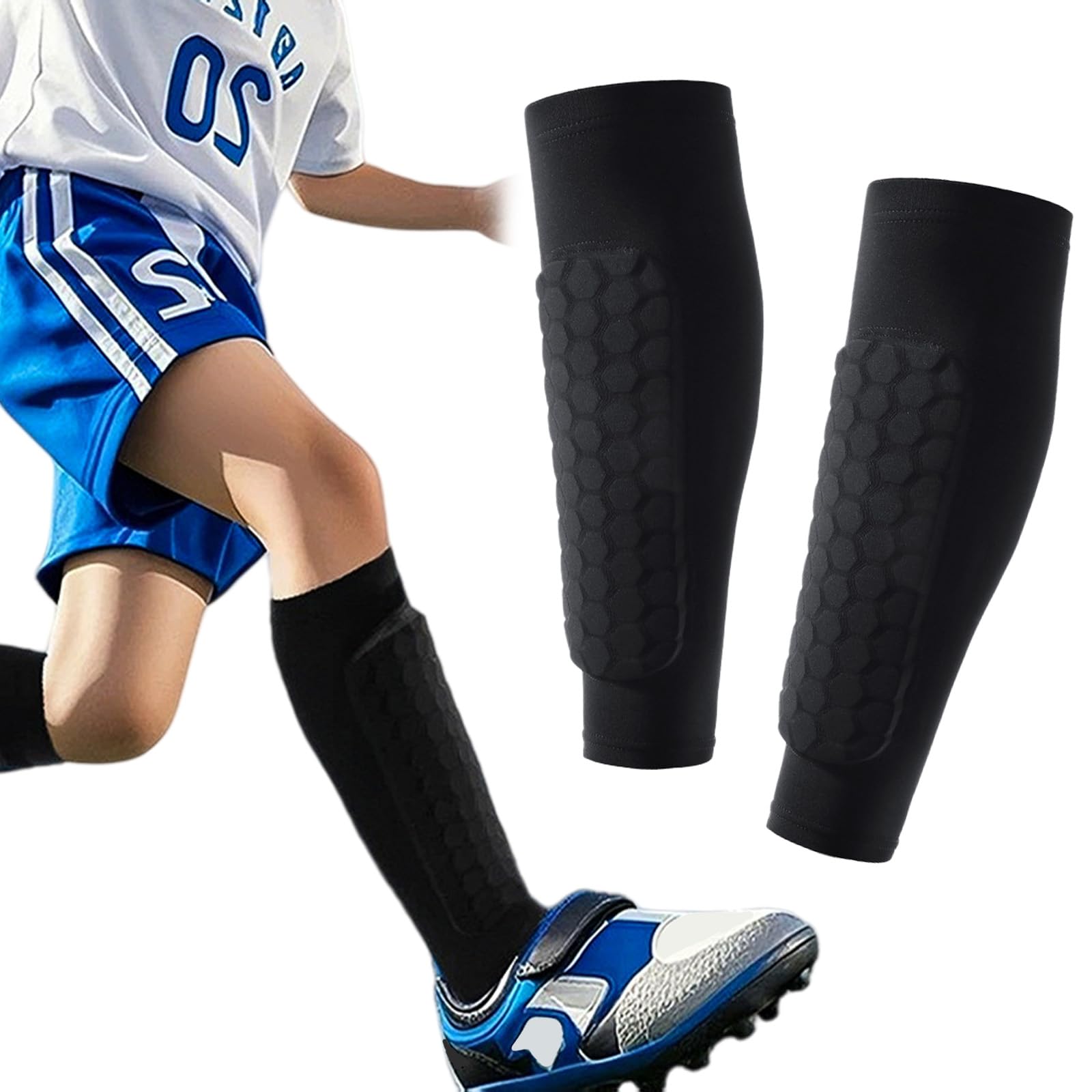 MUNSKT Football Shin Pads for Boys Girls, Thicken Honeycomb Compression Sleeve for Superior Impact Absorption, Breathable Elastic Lightweight Knit Guards, Comfortable Fit for Youth Soccer