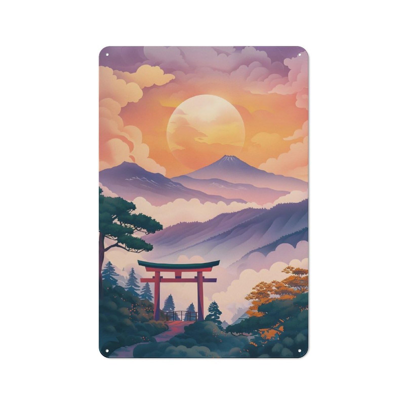 Junmoney Japanese Sunset Mountain Metal Plaque 30X20cm With For Workshop Wall, Retro Decor, For Garage, Workshop And Man Cave Decoration