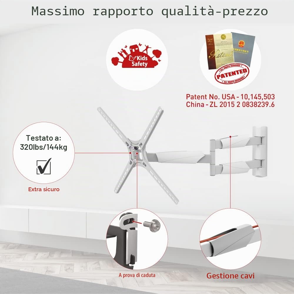 Barkan Supporto da parete per TV bianco lungo 76 cm, staffa per schermo piatto/curvo a 4 vie con movimento completo da 13-65 pollici, supporta fino a 36 kg, ultra estensibile, adatto a LED OLED LCD
