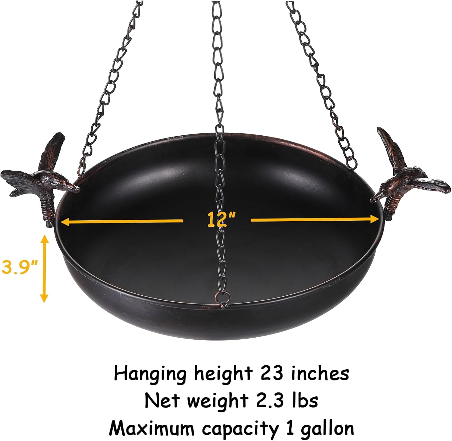 Hanging Bird Bath Feeder for Outdoor, 23" H Metal Birdbath with Cast Iron Bird Decor, Vintage Tray for Garden Yard Patio, Brown