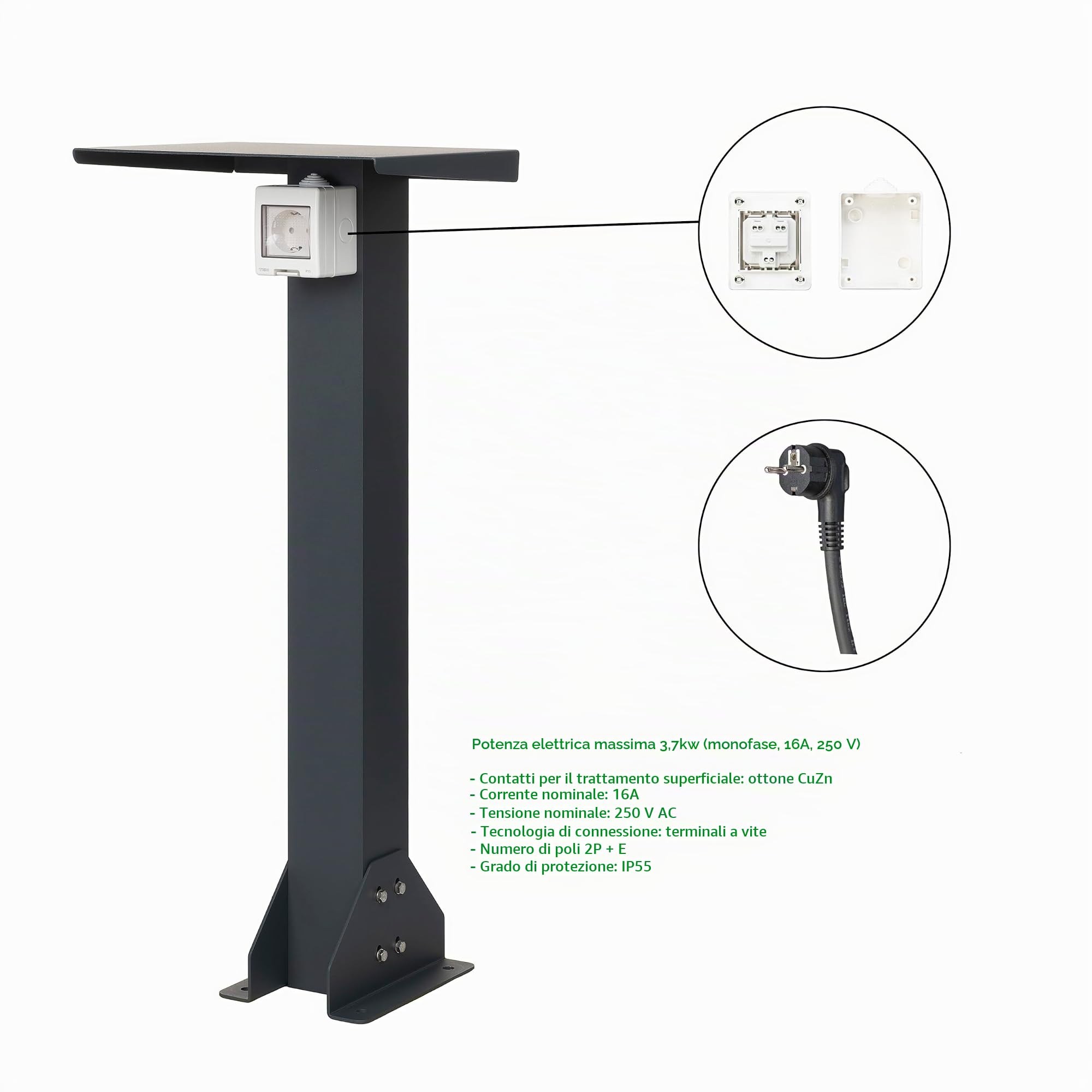 Base in alluminio con presa esterna. Colonna di presa di alta qualità. Presa per esterno con piede (Schuko 1F, 16 A, 3,7 kW)