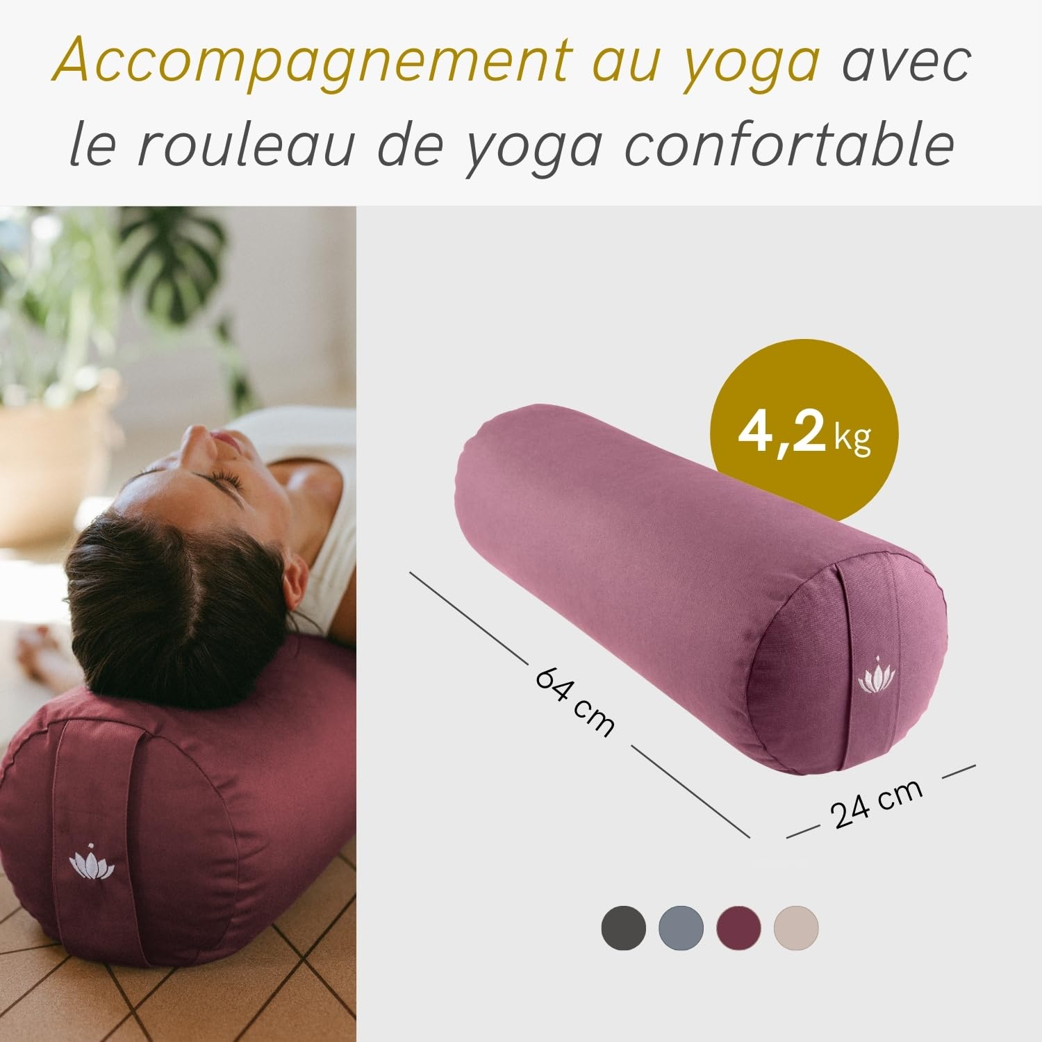 LOTUSCRAFTS Rouleau de yoga pour Yin Yoga, certifié GOTS, rouleau de avec rembourrage en épeautre, housse en coton lavable, bolster, coussin yoga, pilates