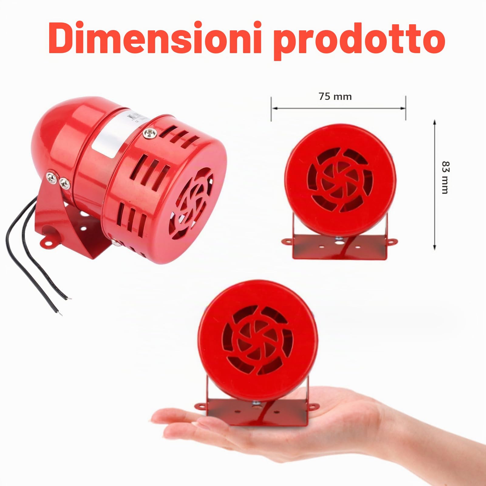 Mini Allarme Motore Rosso Sirena 220V 120DB, Protezione Elettrica Acustica Industriale in Metallo MS-190 Contro il Furto per Fabbrica, Costruzione