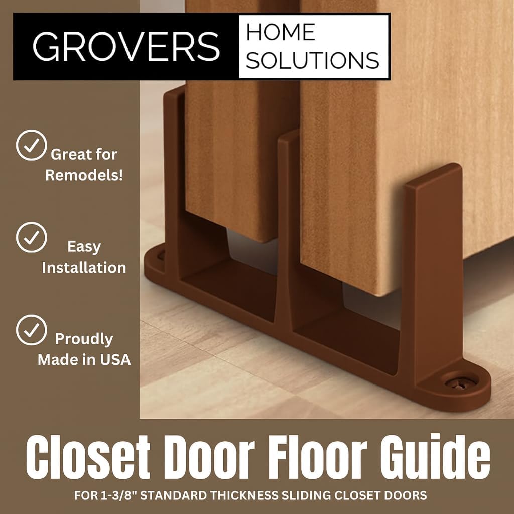 3-Pack Sliding Closet Door Floor Guide Bracket | Universal Fit for 1-3/8" Width Bypass Doors (Brown) | Grovers Home Solutions