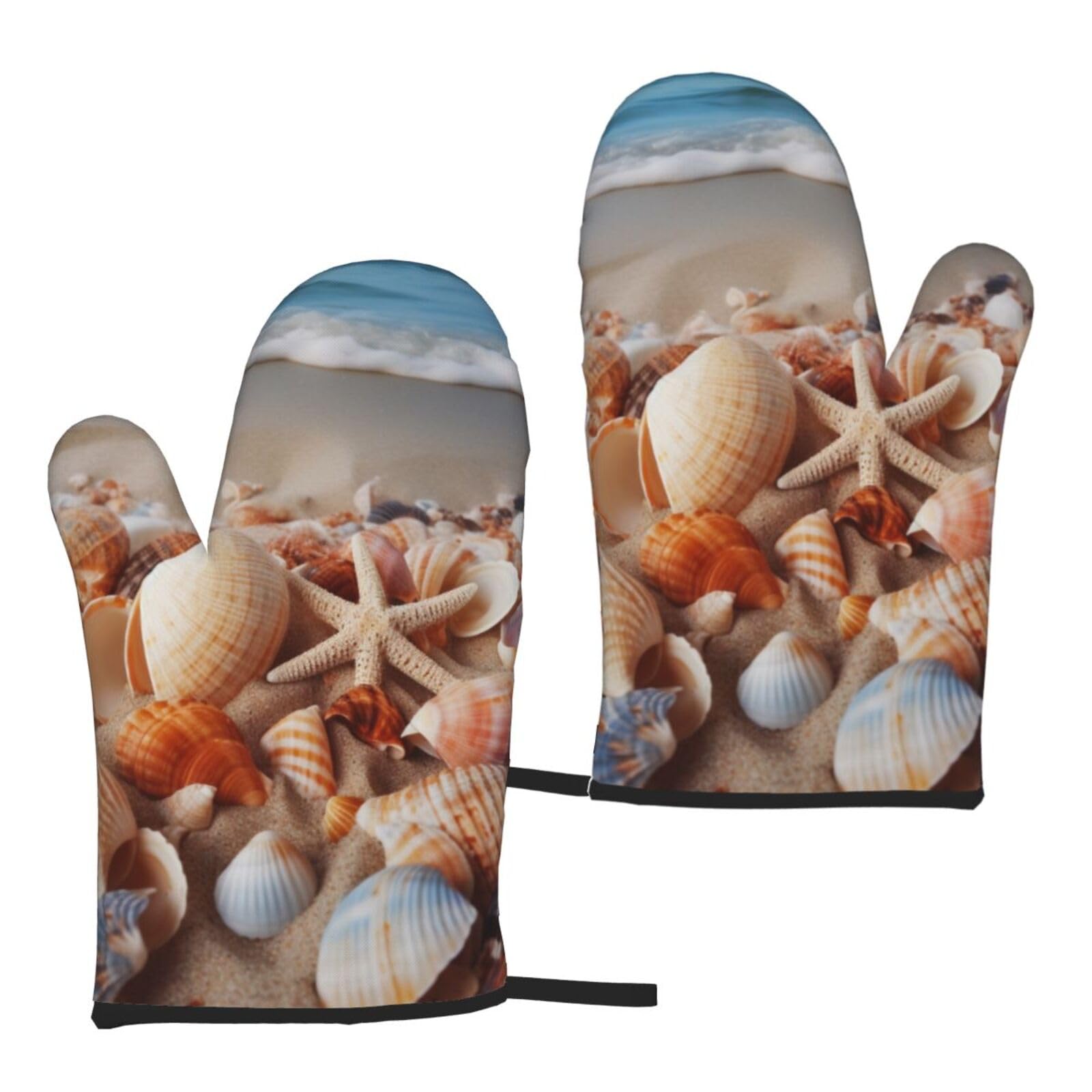 Seashell Landscape Printed Oven Mitts Sets 2 PCS Heat Resistant and Non-Slip Glove Potholder for Kitchen Cooking Baking Grilling