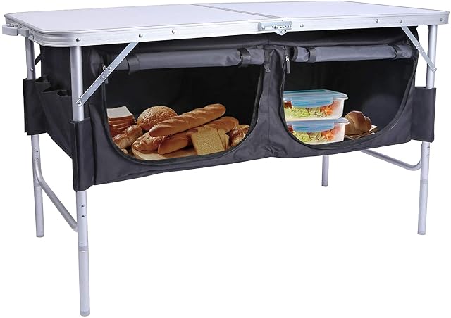 REDCAMP 4Ft Camping Table with Oxford Storage Organizer Adjustable Height, Lightweight Portable Folding Camping Cupboard Kitchen for Picnic Cooking Outdoor Indoor, White 120 x 60 (2Heights)