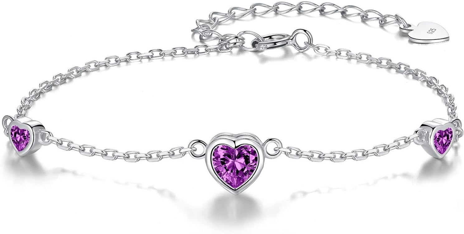 925 Sterling Silver Birthstone Bracelet for Women - Pretty Adjustable Heart Infinity Charm bracelets for Mother Daughter Sisters Bestie - Mother's Day Christmas Anniversary Birthday Gift Jewelry