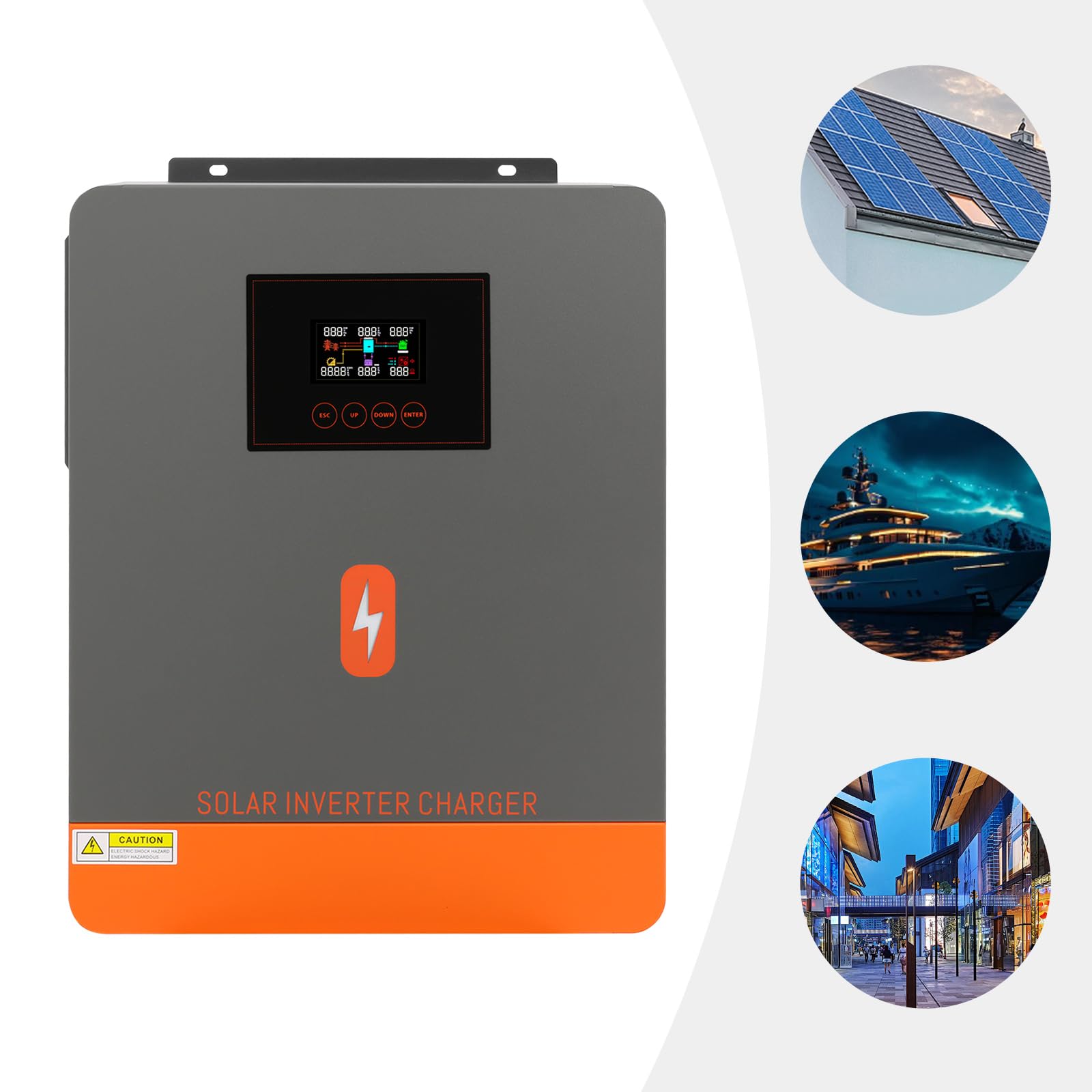 inversor hibrido 24v, CC 6200 W y CA 230 V, Todo en uno, Cargador híbrido, con batería de Litio de Plomo de 24 V y Pantalla LCD para casa, Autocaravana, camión