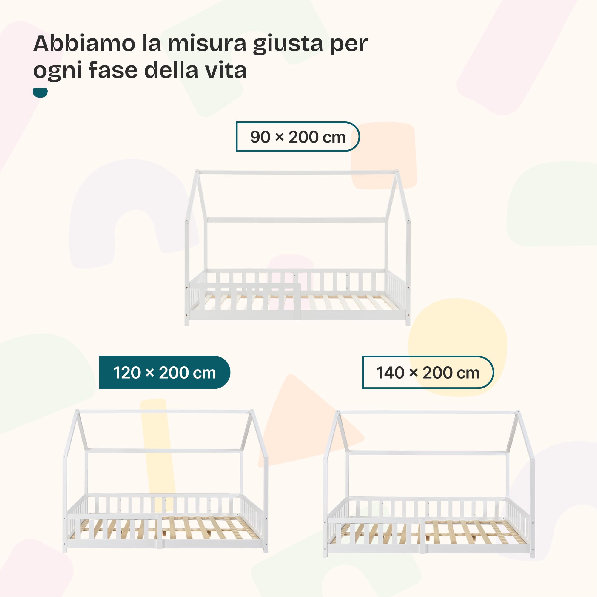 [en.casa] Letto per Cameretta Lettino a Forma di Casetta con Sbarre Letto Piazza e Mezza per Bambini Struttura in Legno di Pino 120 x 200 cm Bianco
