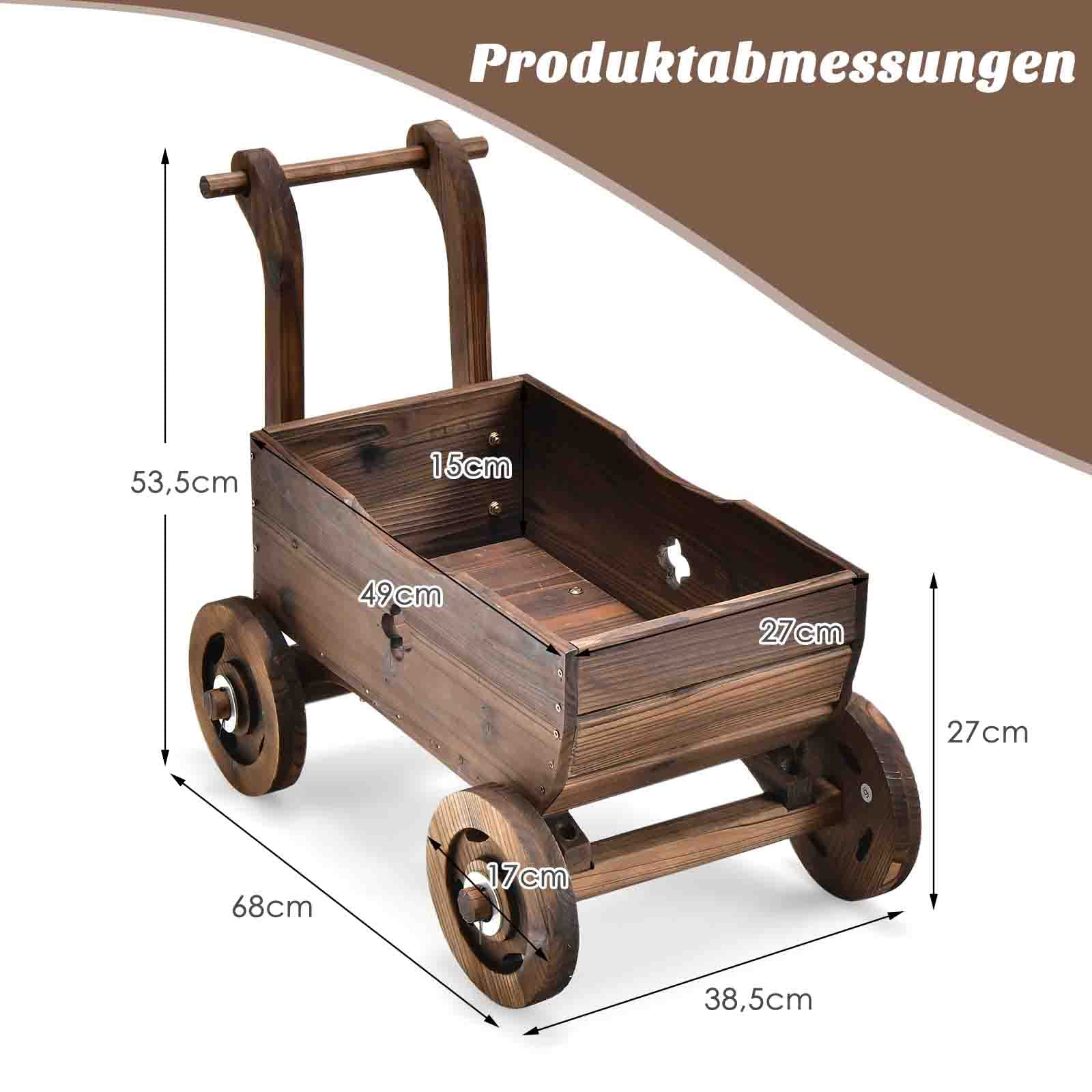 COSTWAY Blumenwagen Holz, Pflanzwagen mit Rädern und Griff, Pflanzkasten mit Abflussloch, Pflanztopf Bollerwagen, Schubkarre Gartendeko, Rustikaler Pflanzkarre für Garten Terrasse, Braun