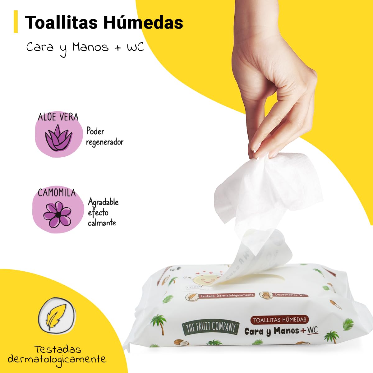 The Fruit Company - Toallitas Húmedas COCO Manos y Cara WC Formato Bolsillo Pack 3