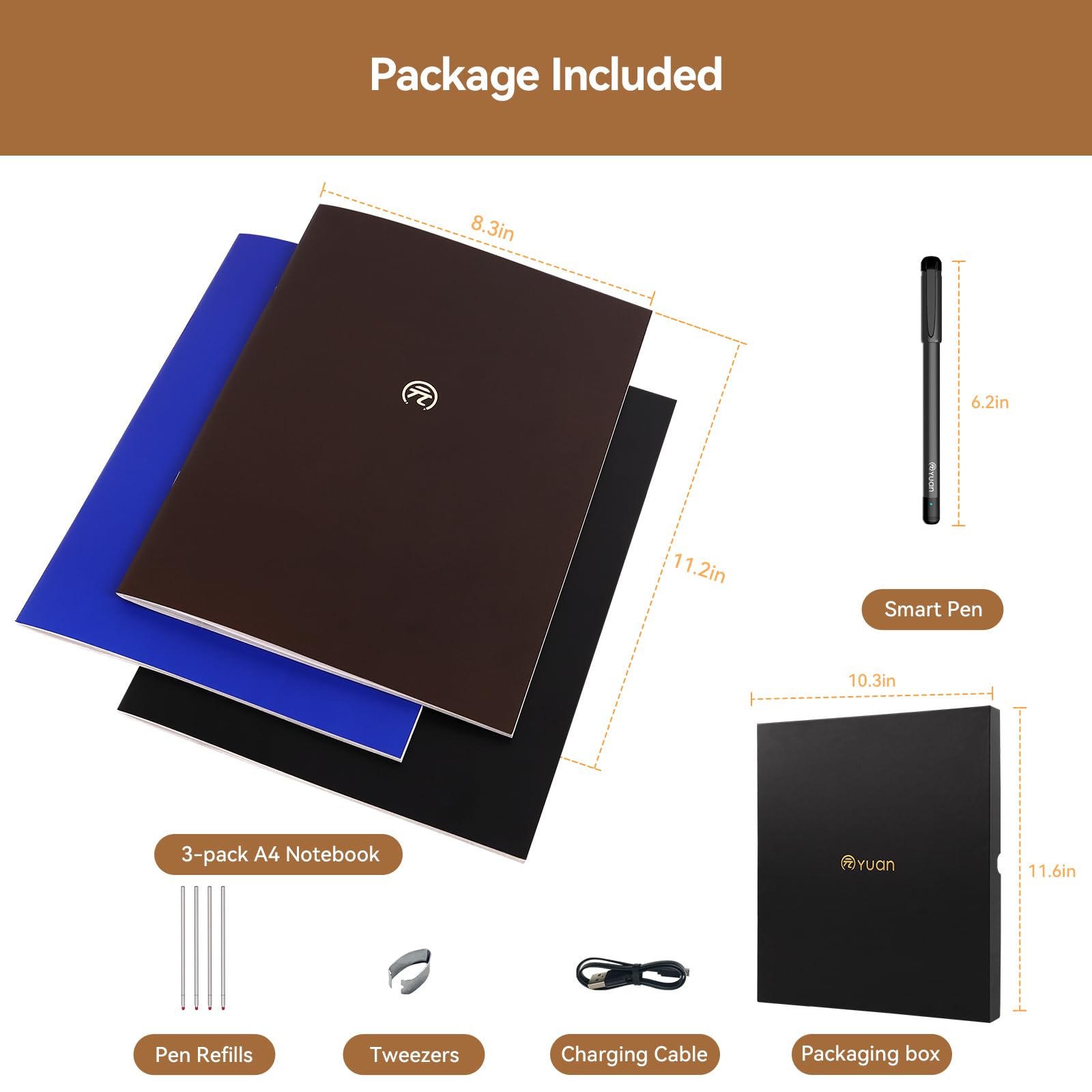 Yuan Lot de 3 stylos de synchronisation intelligents pour prise de notes, carnet numérique (format A4) avec stylo, synchronisation de l'écriture, stockage hors ligne, partage de notes, cadeau pour