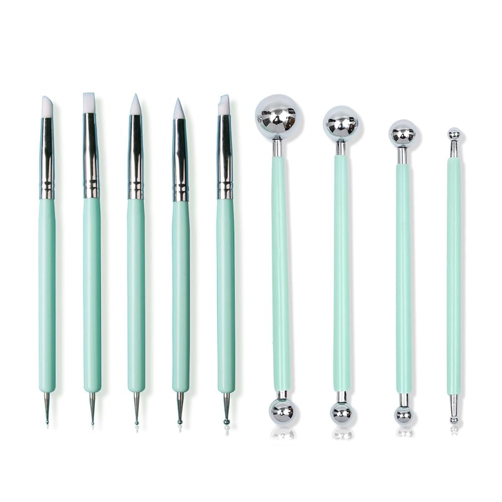 9pcs Polymer Clay Tools, Pottery Silicone Clay Sculpting Tool Including 4pcs Double-Ended Metal Ball Tools & 5pcs 2 Way Dotting Pen Tool Modelling Clay Embossing Tools For DIY Clay Decorative Art