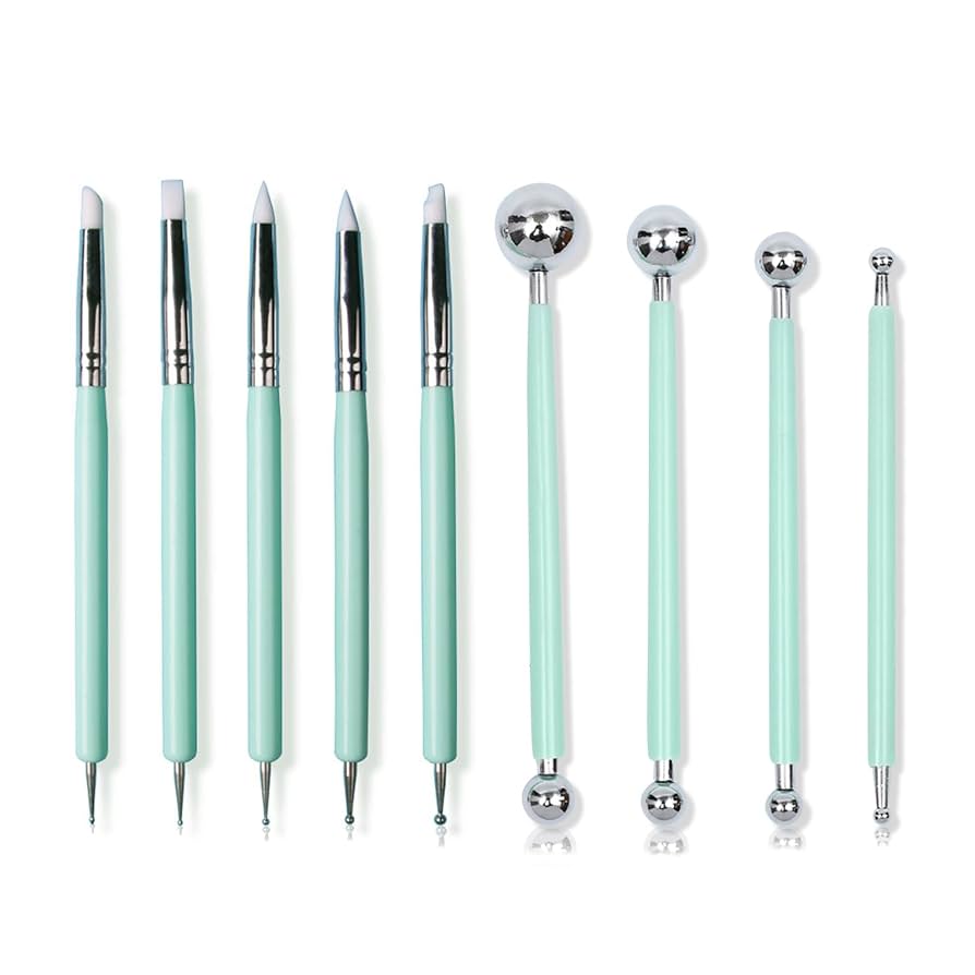 9pcs Polymer Clay Tools, Pottery Silicone Clay Sculpting Tool Including 4pcs Double-Ended Metal Ball Tools & 5pcs 2 Way Dotting Pen Tool Modelling Clay Embossing Tools For DIY Clay Decorative Art