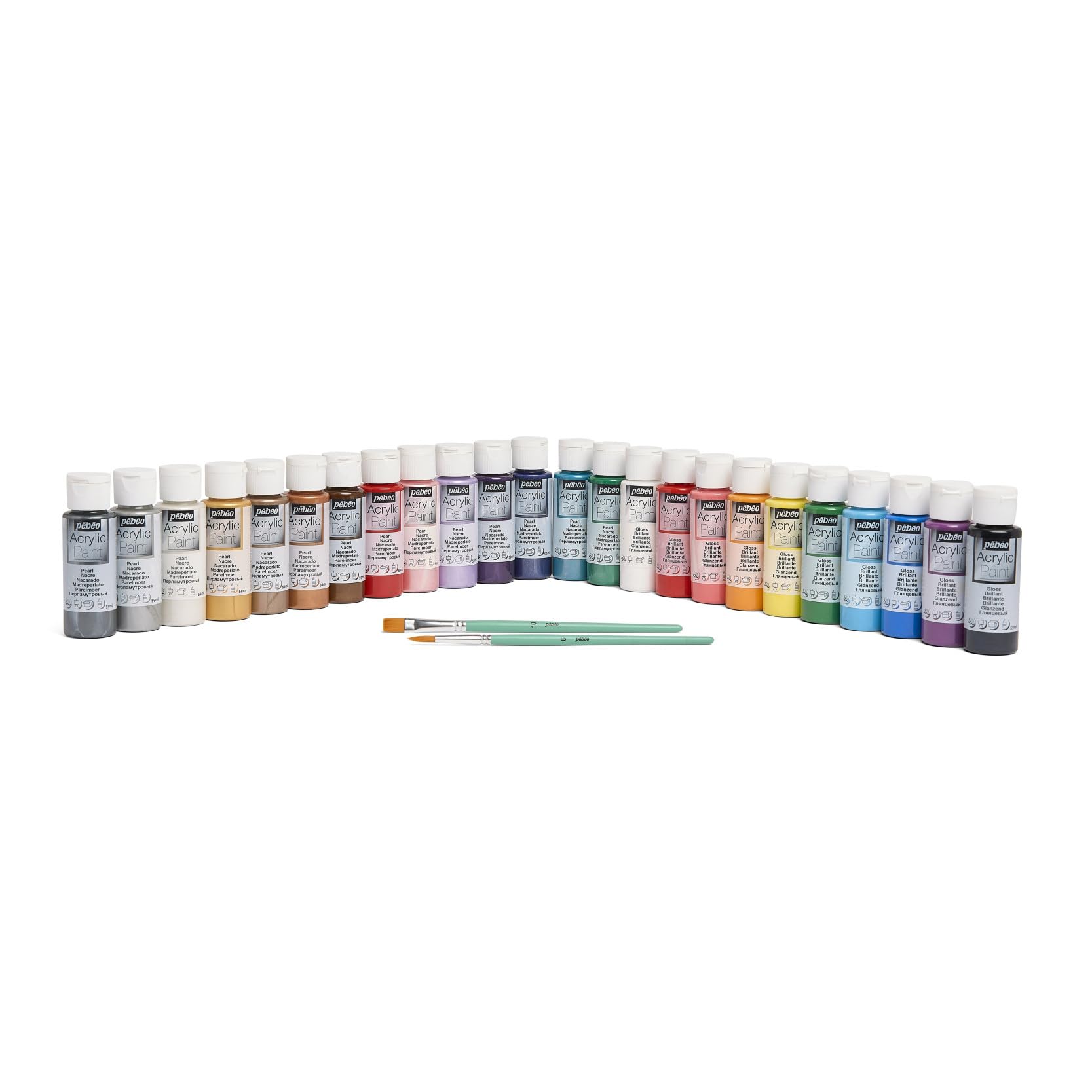 Pébéo - Acrylic Multi Surfaces - Set 24 Flakons 59ml Brillant Sortierte Farben + Zubehör - Acrylmalset für Künstler und Anfänger - 2 Pinsel - Leuchtende und deckende Farben