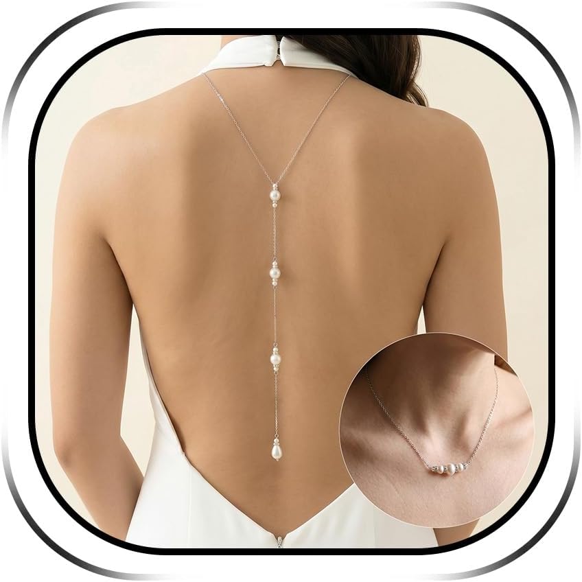 Back Necklace with Rhinestone Pearl Pendant Back Body Chain for Backless Dress Bridal Wedding Backdrop Necklace Crystal Simple Waist Body Jewelry for Women