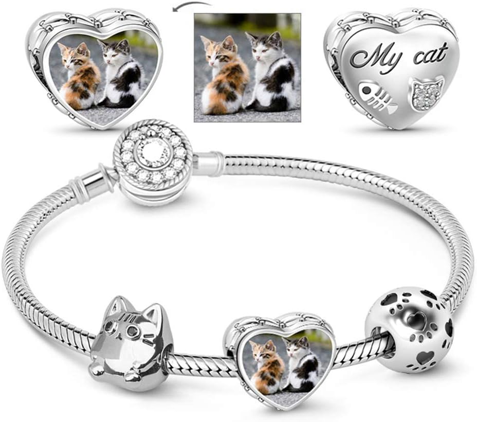 GNOCE Meow Cat Photo Charm Bracelet 925 Sterling Silver Snake Chain Bracelet with Paw Bead Aniaml Charm Bangle with Clasp