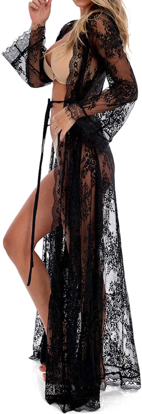 BUTTZO Women Sexy Long Lace Dress Sheer Gown See Through Lingerie Kimono Robe Swimsuit Cover Up - Image 2
