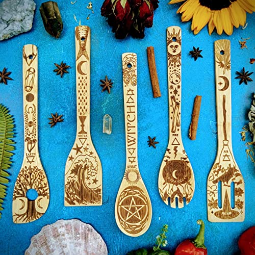 Witchy-Halloween-Utensils-Laser-Engraved-5-Elements-Bamboo-Large-Cooking-Utensils-Set-Cottagecore-Kitchen-Witch-Gift-Romantic-Mothers-Day-Gifts