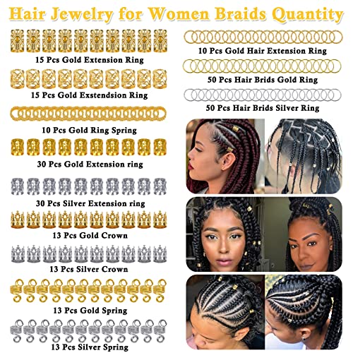 262 Pcs Dreadlock Accessories for Women, Hair Jewelry for Braids Loc Jewelry Hair Decorations, Gold and Silver Hair Accessories, Adjustable Hair Charms Hair Rings for Braids Adult Loc Braid Jewelry2