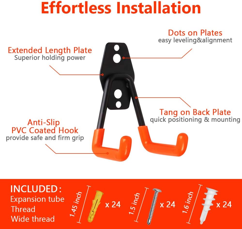 Garage Hooks, 12 Pack Heavy Duty Garage Storage Hooks Steel Tool Hangers for Garage Wall Mount Utility Hooks and Hangers with Anti-Slip Coating for Garden Tools Organizer, Ladders, Bikes, Bulky Items - - 