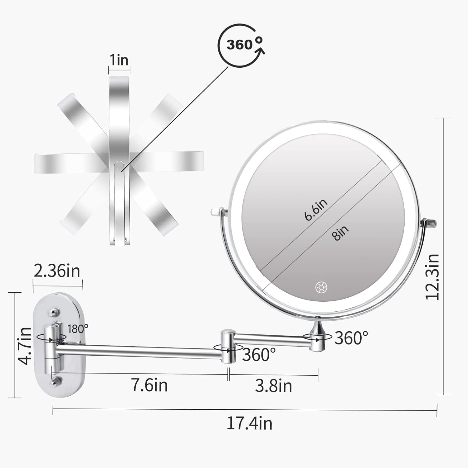 Specchio da Trucco Illuminato da Parete Ricaricabile, Doppio Lato da Specchio Bagno con Iingrandimento 1x / 10x, Illuminazione a 3 Colori, Regolazione Touch Screen, Braccio Esteso, Rotazione 360