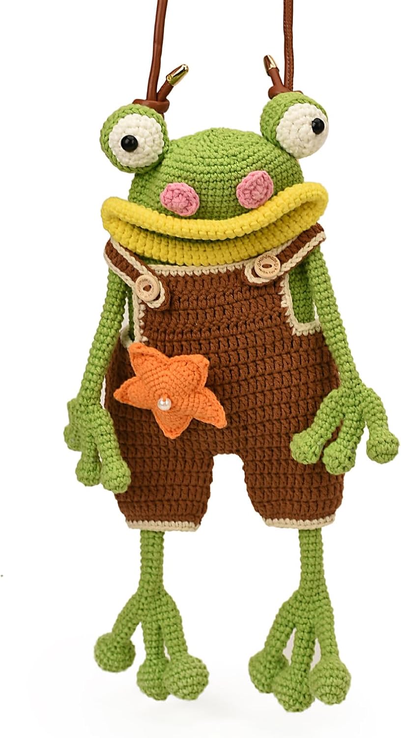Cartoon Frogs Design Crochet Shoulder Bag Practical Knit Easy Open Top Adjustable Strap Essential Organizers Commuters