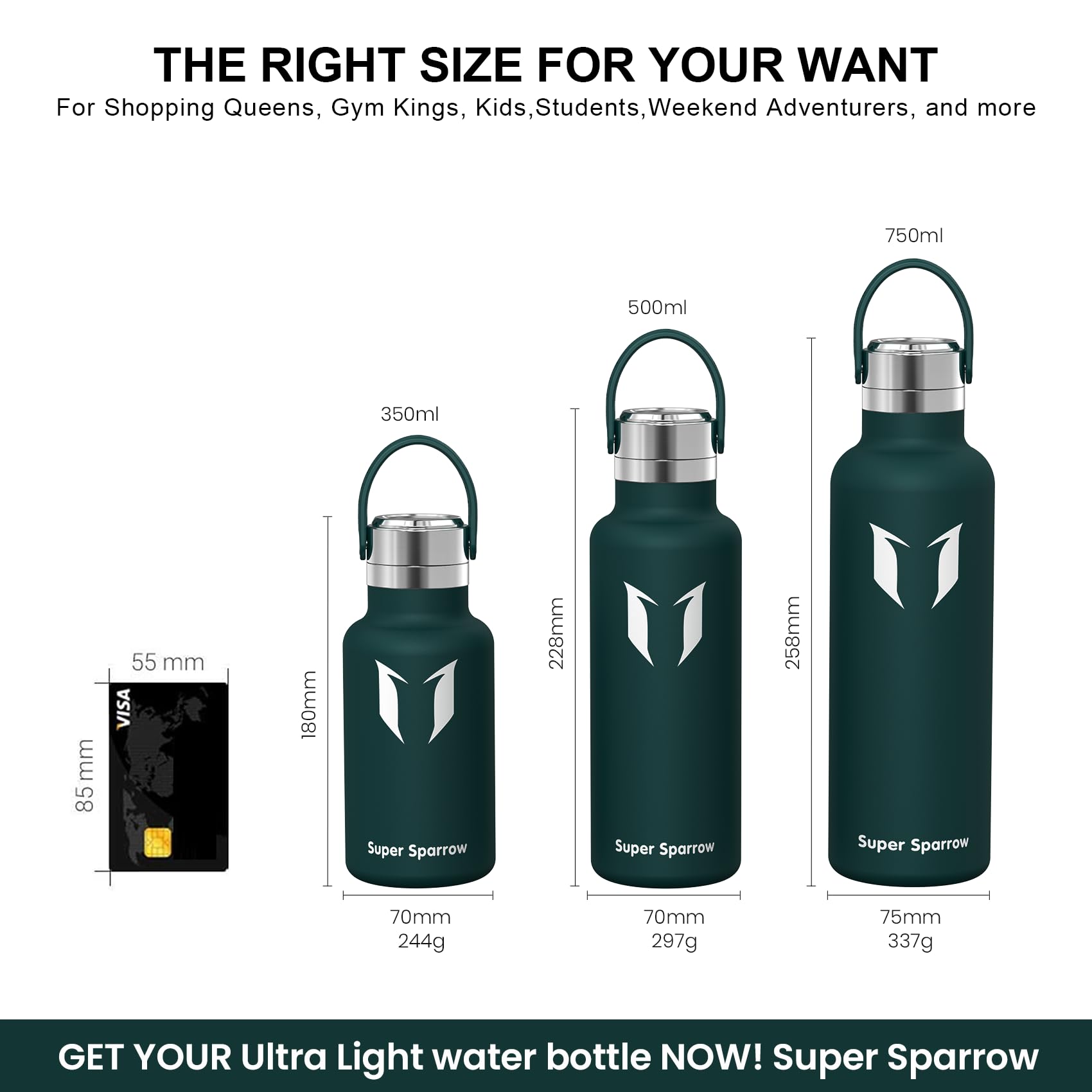 Super Sparrow Botella Agua Acero Inoxidable 18/10 - Botella Termica Ultraligera - 350ml/500ml/750ml - Termo Sin BPA, Botella Agua Niños, para Deporte, Viaje, Escuela, Exterior, Oficina, Hogar — view 3
