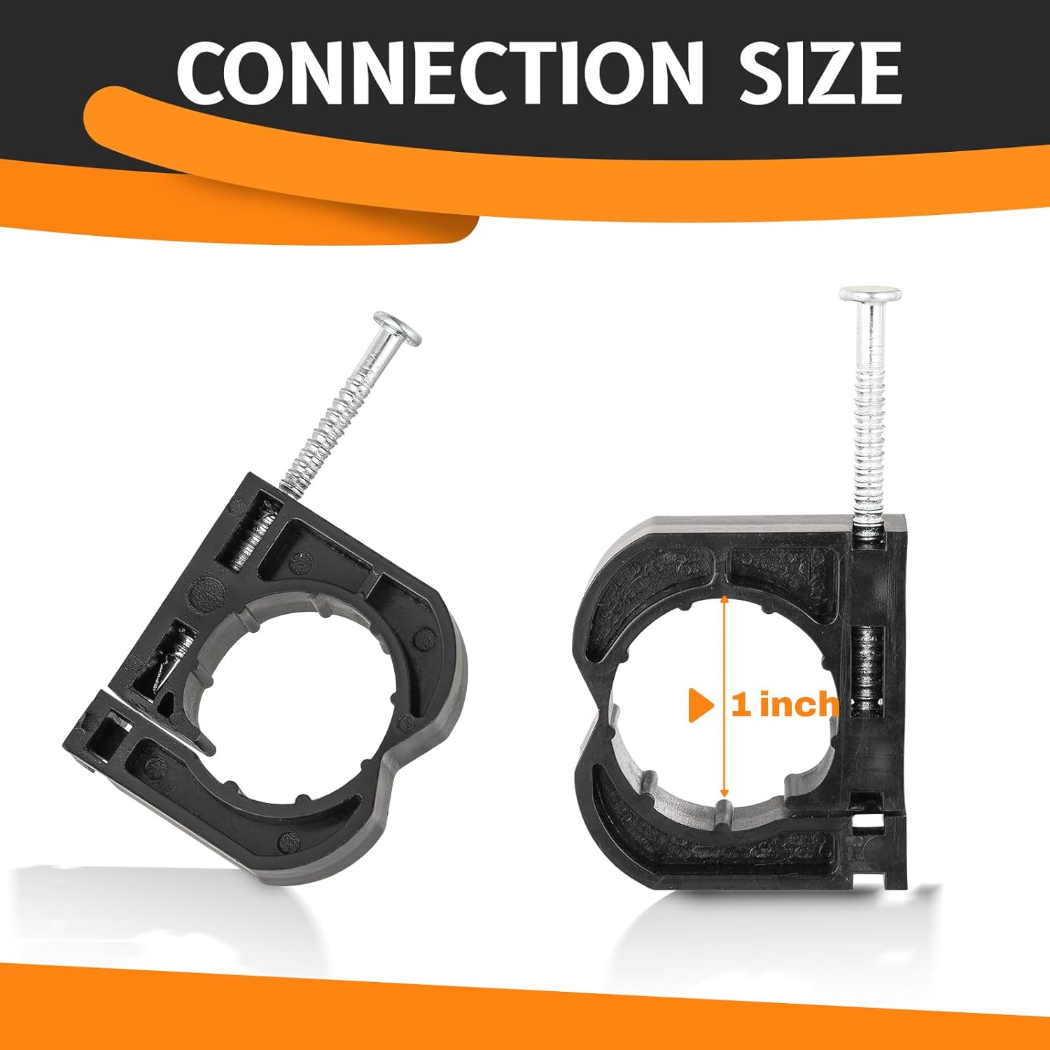 100PCS HeSun Black Full Clamps with S-Nails, J-Hook with Nai for fixing 1 Inch PEX, Copper, CPVC Pipe Support