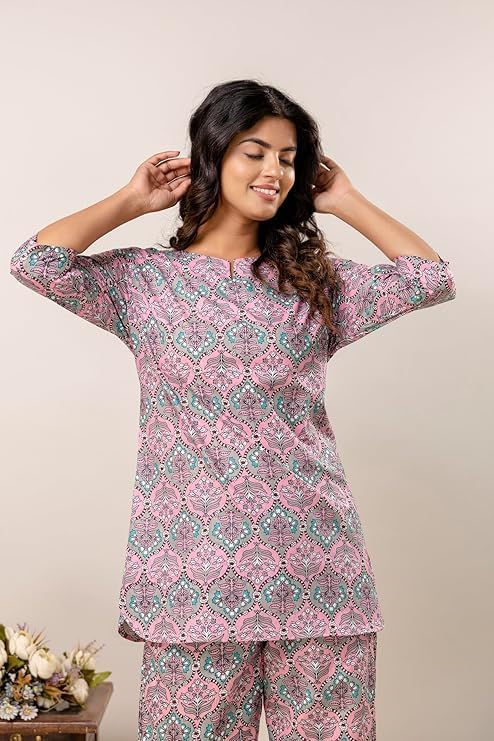 Image of Pure Cotton Printed Night Suit Set | Top Pyjama Set for Women | Night Dress of Kurta Pyjama Set for Women | Kurta Top Set