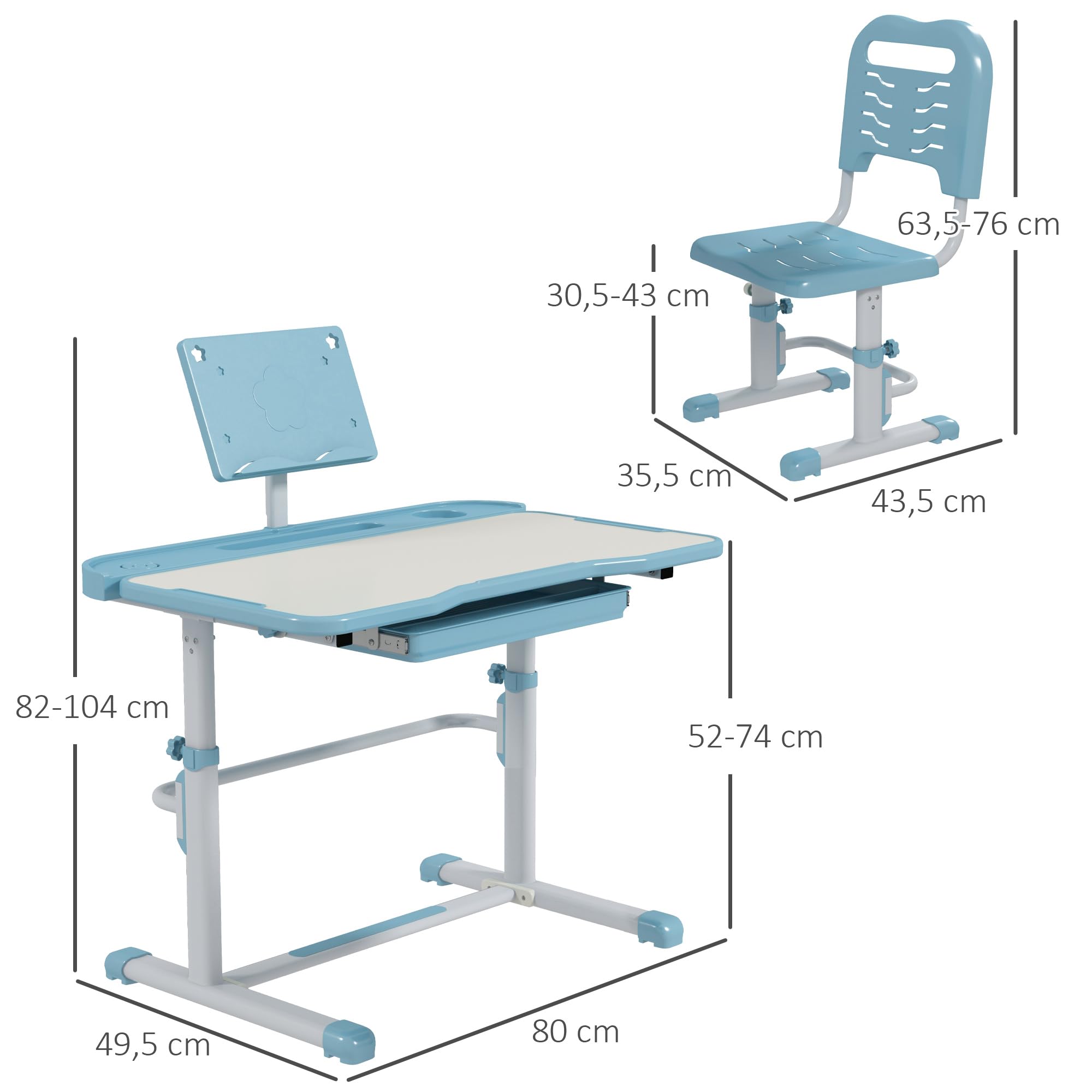 ZONEKIZ Juego de Escritorio y Silla para Niños de 6-12 Años Pupitre Infantil Altura y Ángulo Ajustable con 1 Cajón y 1 Estante para Libros 80x49,5x82-104 cm Azul y Blanco