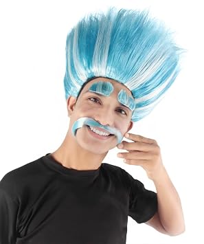 HPO King Troll Wig with Eyebrows and Mustache | Blue with White Stripes Wigs for Teen and Adult Sizes | Halloween Troll Cosplay and Themed Party Wig