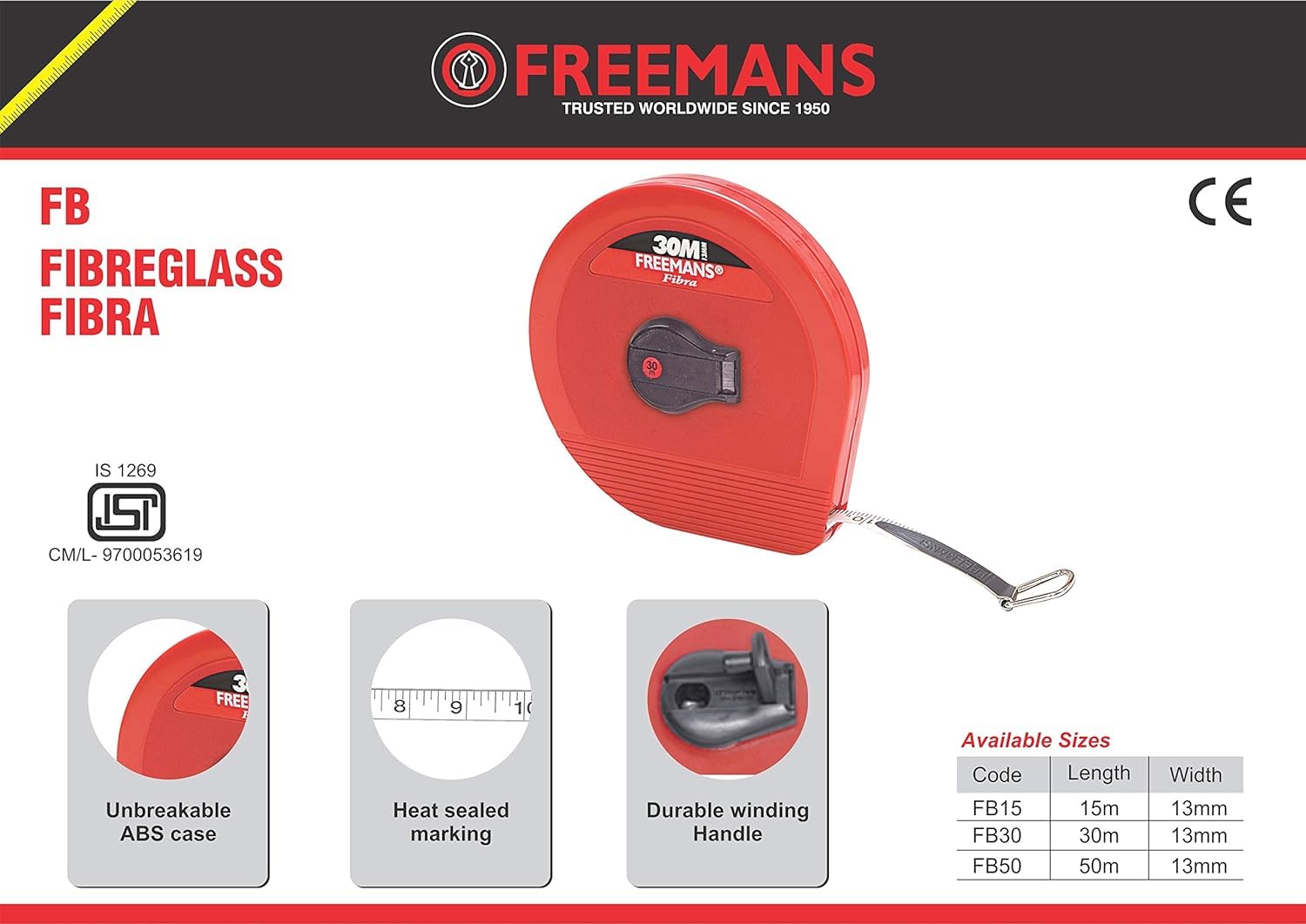 FREEMANS Fibra - Fibreglass Measuring Tape - 30M
