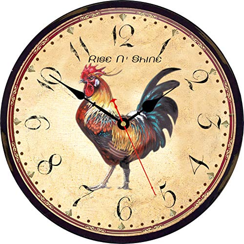 Toudorp Kitchen Wall Clock 14 Inch Quality Quartz Battery Operated Round Wall Clock Wooden Arabic Numerals Indoor Silent Non-Ticking Clock Vintage Colorful Rooster Pattern Hanging Clocks #TOP3