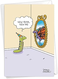 NobleWorks - Funny New Year Cartoon Greeting Card with 5 x 7 Inch Envelope (1 Card) NYE Holiday Stationery Gift for Adults - New You C7655NYG