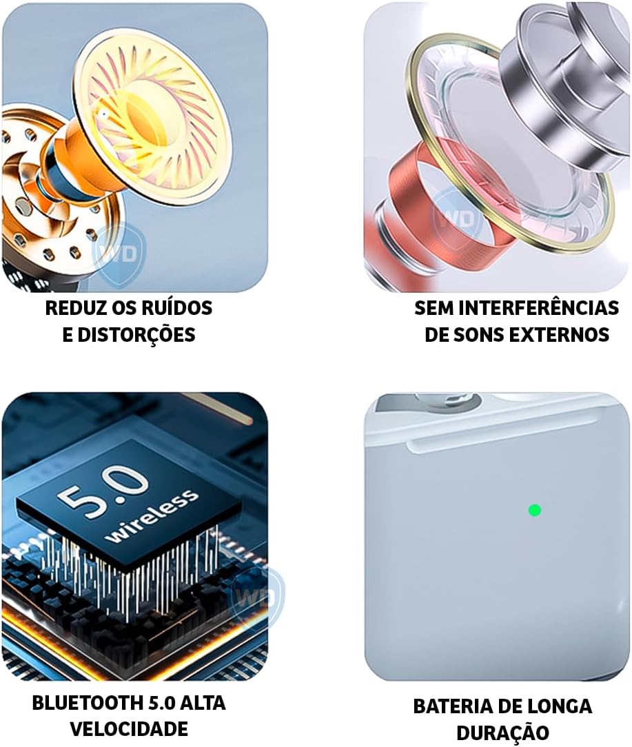 Four features of KAIDI KD-771 earbuds: noise reduction, no external interference, Bluetooth 5.0, and long battery life