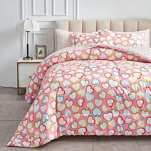 UOZZI BEDDING Kids Bed in a Bag Colorful Hearts Valentines Day Twin 6 Pieces -(1 Soft Microfiber, Reversible Comforter, 2 Pillow Shams, 1 Flat Sheet, 1 Fitted Sheet, 1 Pillowcases)