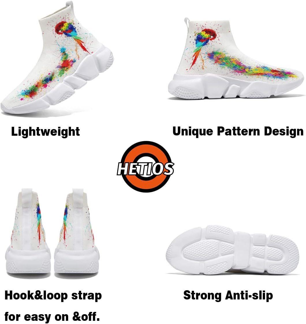 Hetios Running Sneakers for Men Women Fashionable Casual Neon City Watercolor Sock Shoes White