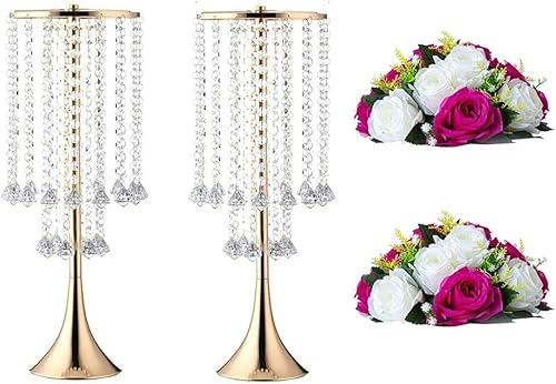 LANLONG Paquete de 2 soportes de metal de cristal de lujo con 2 flores artificiales, 15 cabezas, rosas de plástico con base para centros de mesa de