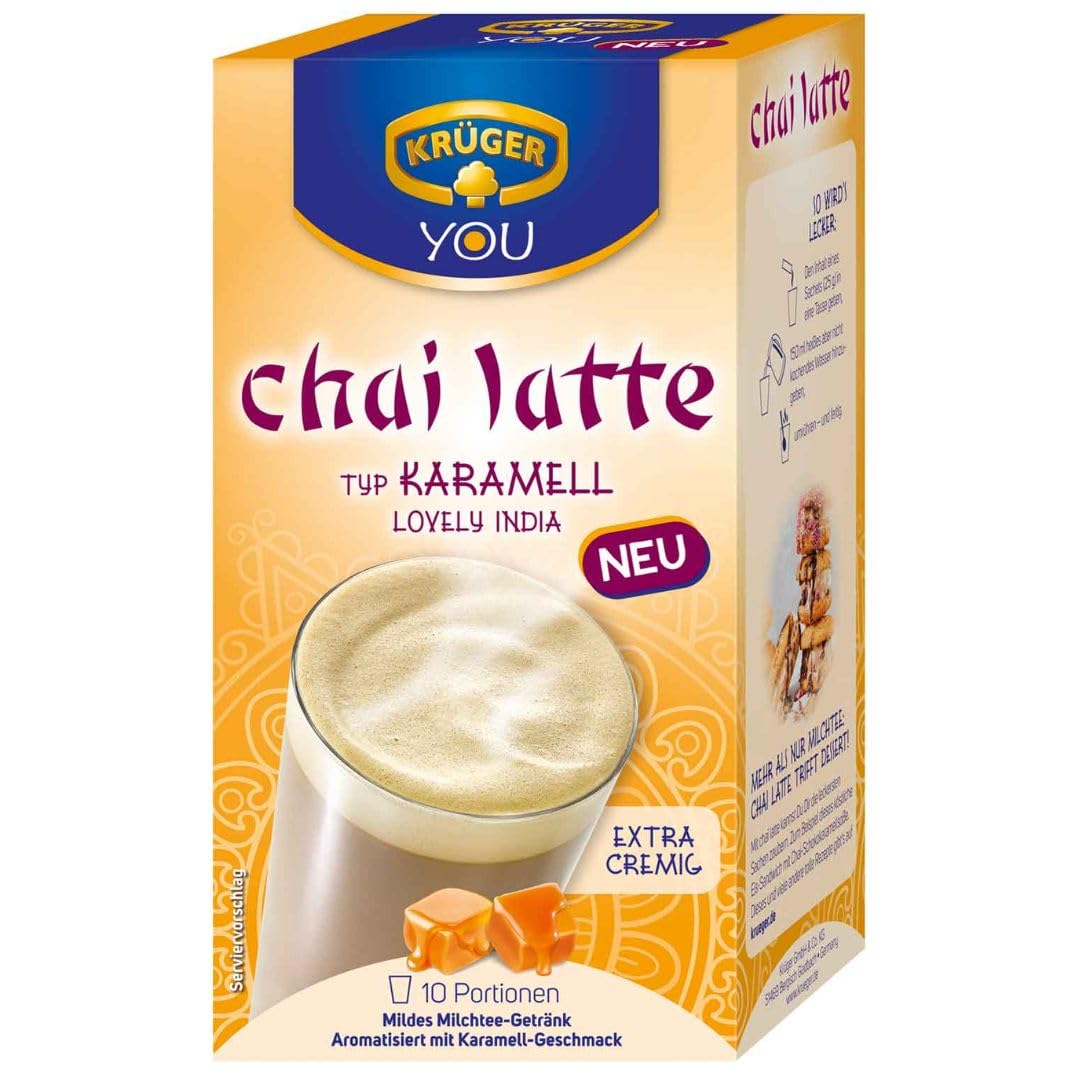 Krüger YOU Chai Latte Karamell „Lovely India“ 6×250 g | Instant Chai Latte Pulver | Aromatisches Tee-Getränk mit Karamell-Note | Heiß genießen | Vorratspack 1,5 kg