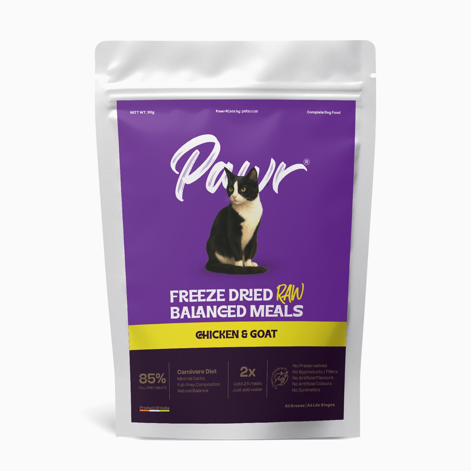Pawr4Cats | Freeze-Dried Balanced Meals | Chicken & Goat | Bio-Appropriate and Raw Nutrition | High Protein - Low Carb Recipe | Makes 2X Meals by Adding Water | 30gms X 6 Packs