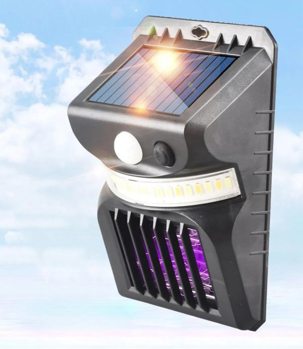 Applique murale solaire avec tue-moustiques – Étanche à LED avec détecteur de mouvement – Lampe de sécurité 2 en 1 à énergie solaire et tueur de moustiques pour terrasse, jardin, cour, clôture