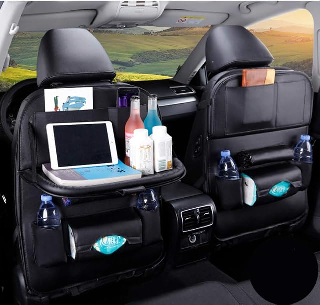 Car Backseat Organizer, PU Leather Car Seat Back Storage, Car Seat Protector, Multifunction Storage Pocket With 7 Pockets and Tablet Holder for Travelling Storage Bottles Toys and etc (Black) (1 Pack)
