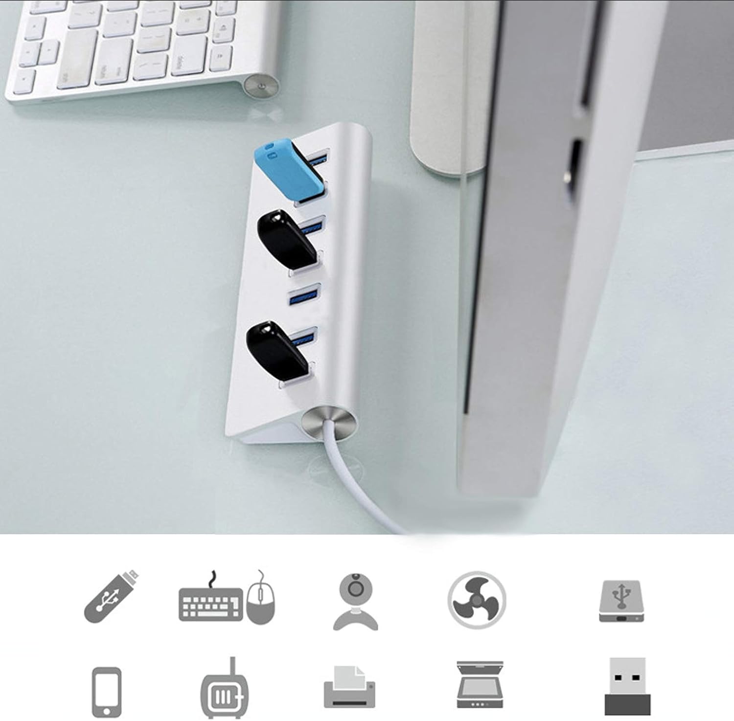USB Hub, 7-Port Charging Interface Expansion, USB 3.0 High-Speed Data Transmission, for Desktop/Laptop Computers… (Silver)
