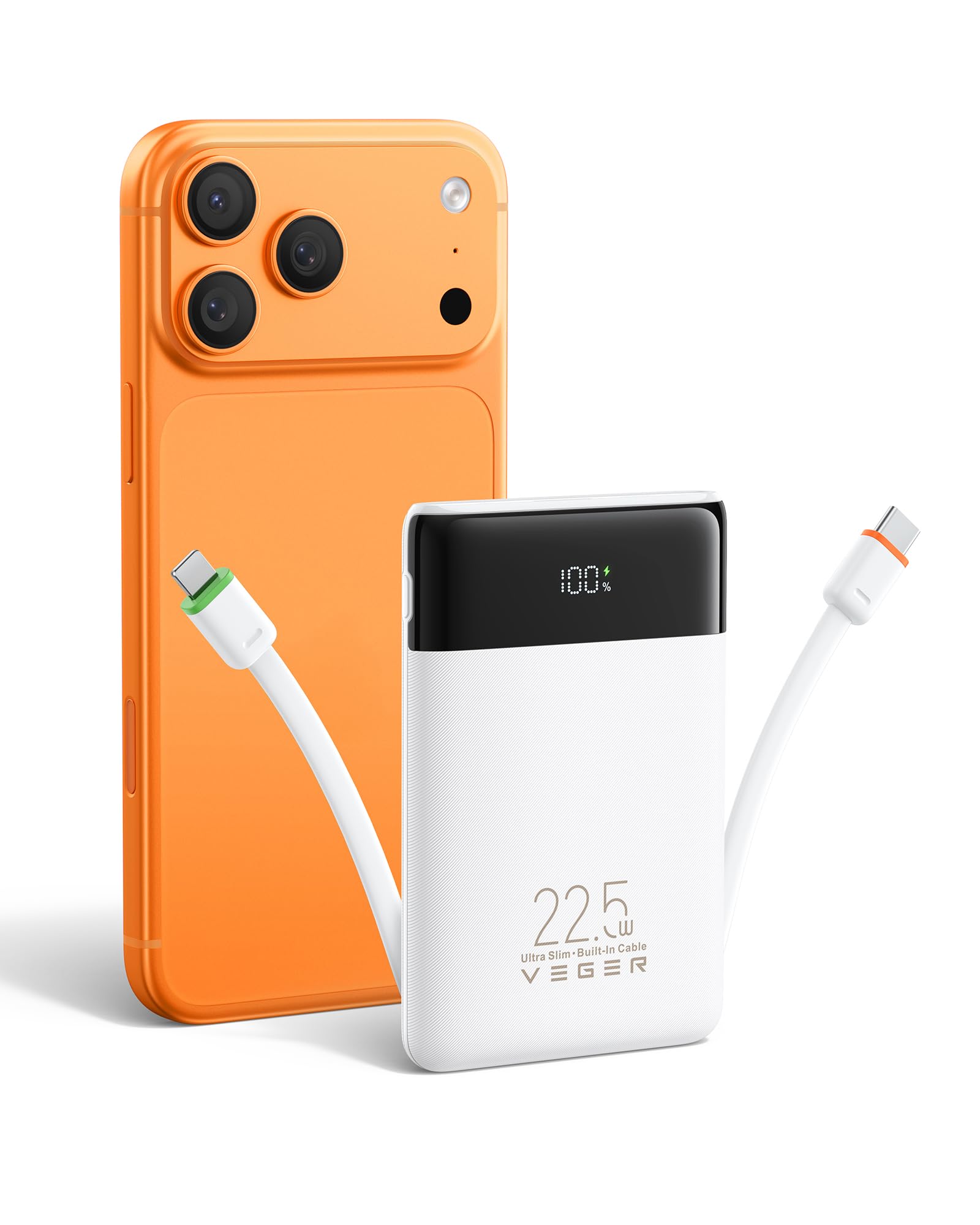 VEGER 22.5W 10000mAh Schnellladung Power Bank mit Integriertem USB-C Kabel