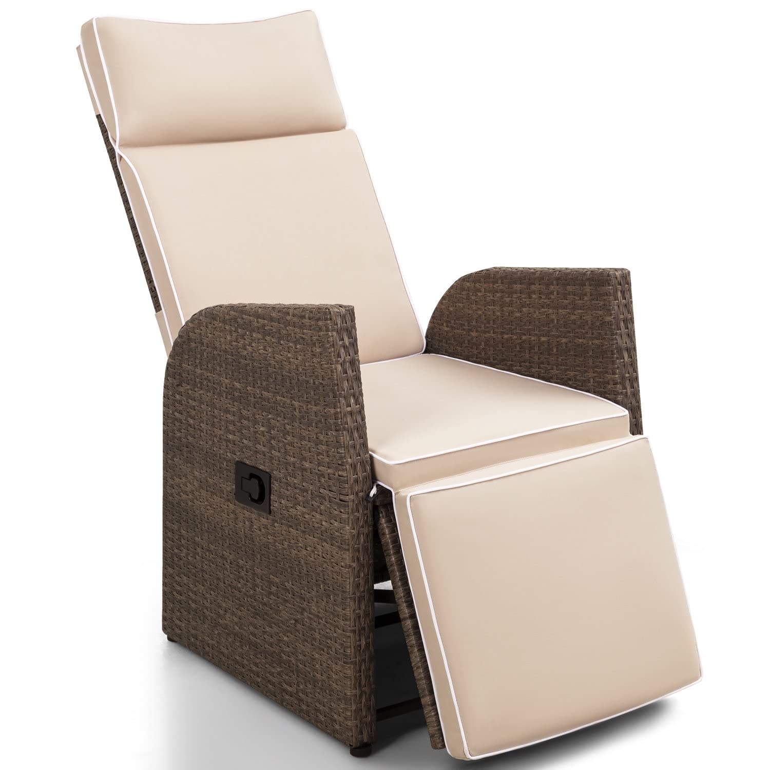 Greesum Patio Recliner All-Weather Wicker Outdoor Lounge Chair with Flip-up  Side Table for Balcony, Porch, Lawn, Beige