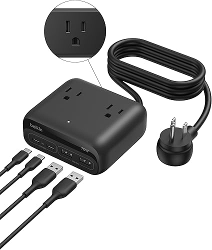 Belkin GaN Estación de carga de 70 W, cargador USB C dual 7 en 1 con 3 salidas de CA, 2 puertos USB A, regleta de alimentación para iPhone, Apple