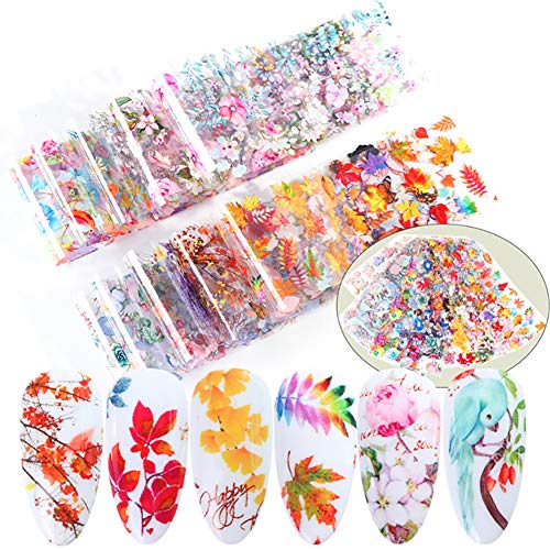 10 Sheets Nail Art Foil Transfer Stickers Spring Color Flower Leaves Charm Art Design Nail Foil Adhesive Decals Starry Sky Decoration Manicure Transfer Tips DIY Supplies for Women Girl and Kids